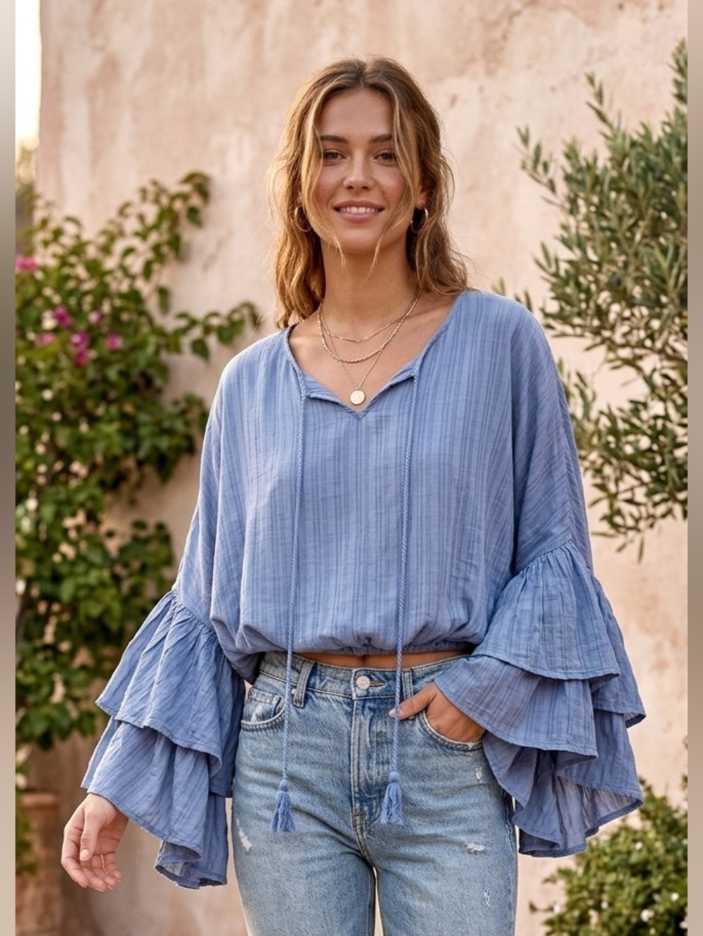 Elan Boho Ruffle Tiered Bell Sleeve Gauze Crop Top Coastal Fairycore Romantic